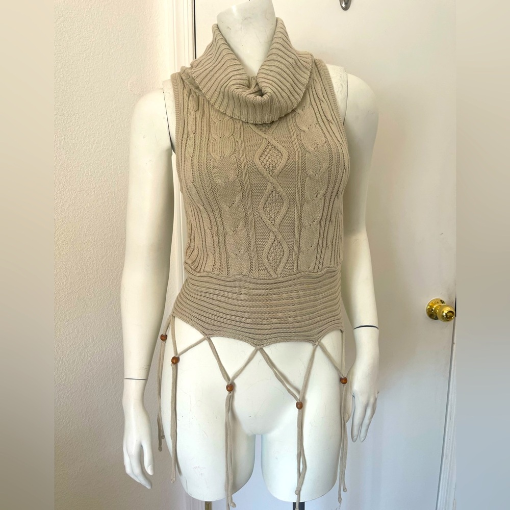 Vintage Say What Ivory Cableknit Cowl Neck Hippie Beaded Cropped Top Size L